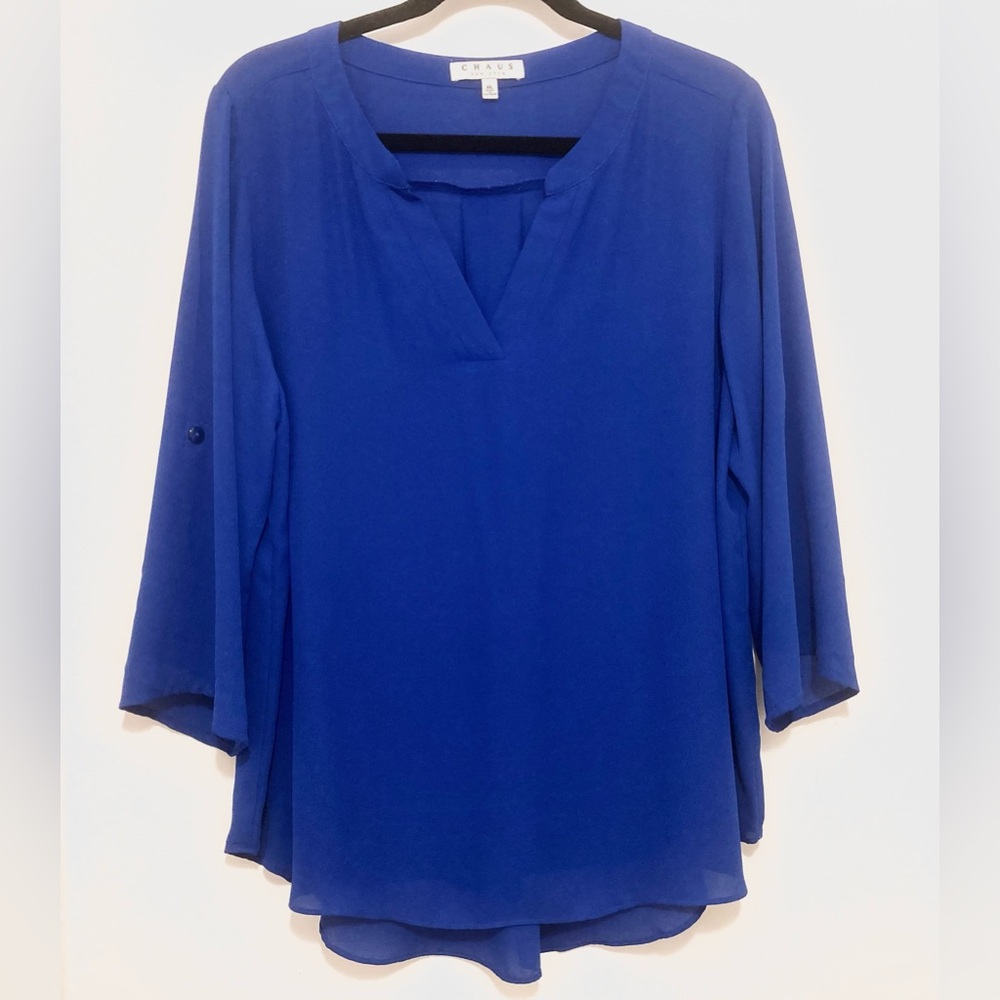 Chaus Royal Blue Split Neck Women's Blouse Size XL